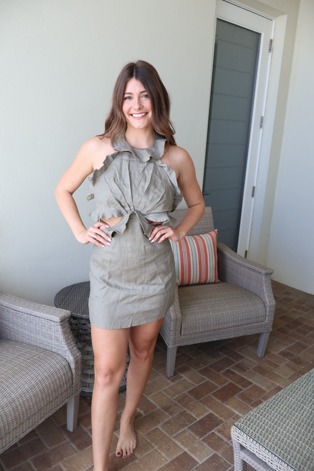 Victoria Sleeveless Cut Out Ruffle Mini - Olive