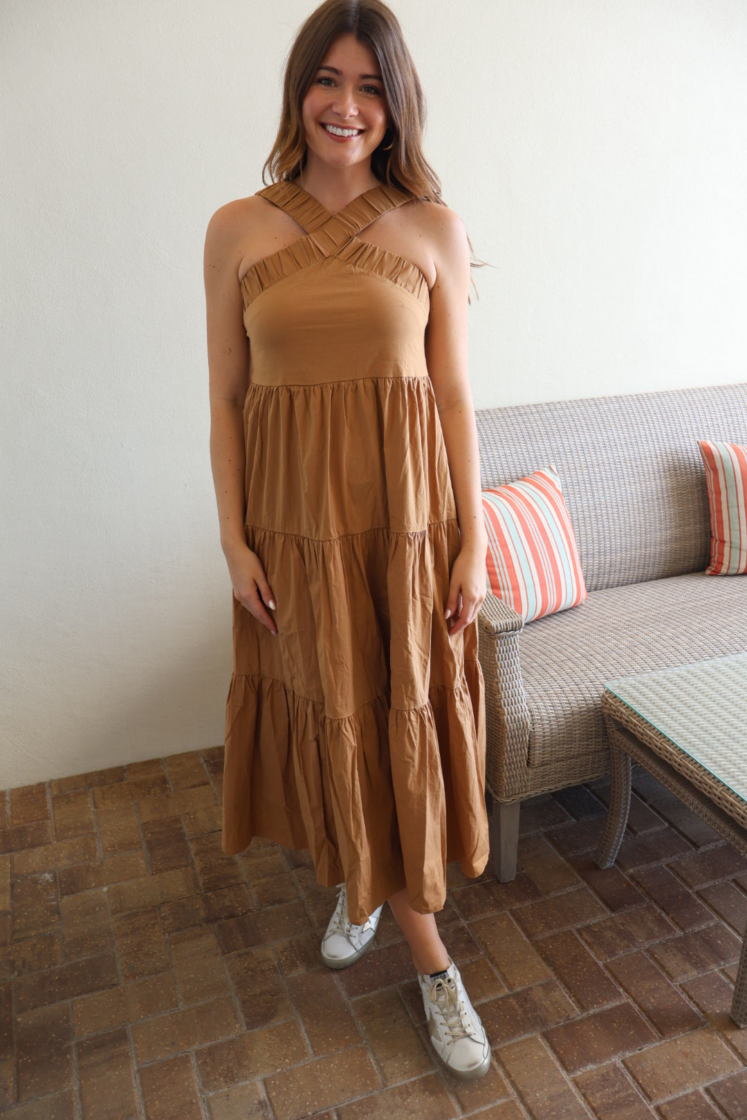 Kristie Solid Tiered Midi Dress - Taupe