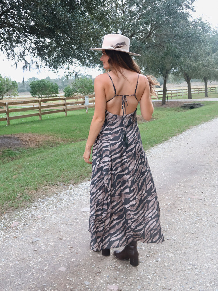 Sara Animal Print Open Back Maxi Dress - Charcoal