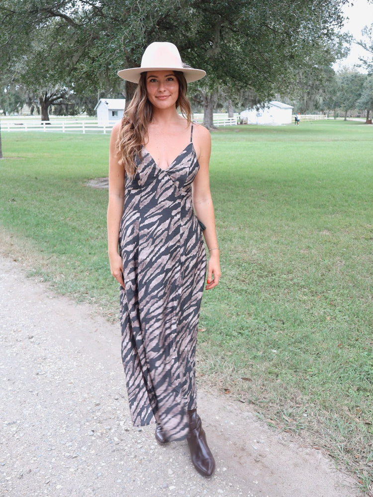 Sara Animal Print Open Back Maxi Dress - Charcoal